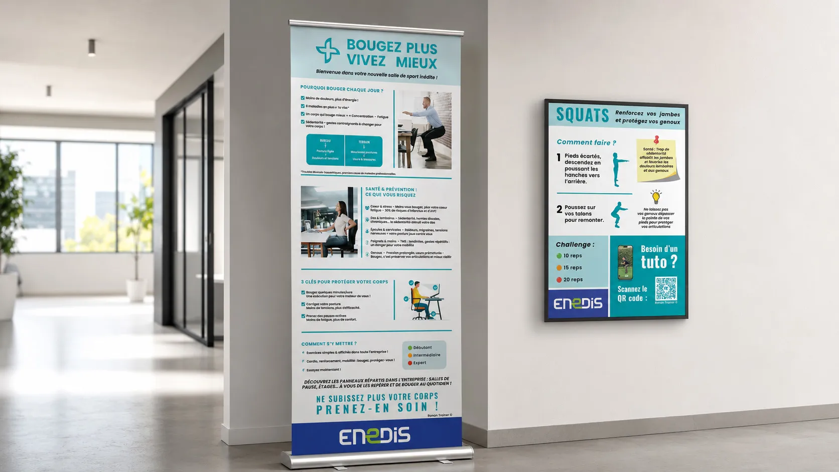 Kakemono et panneau pédagogique du parcours santé Bougez Plus Vivez Mieux chez Enedis