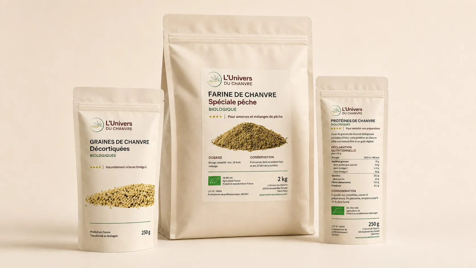 Redesign 2026 de la gamme de packagings L’Univers du Chanvre avec graines de chanvre, farine spéciale pêche et protéines de chanvre